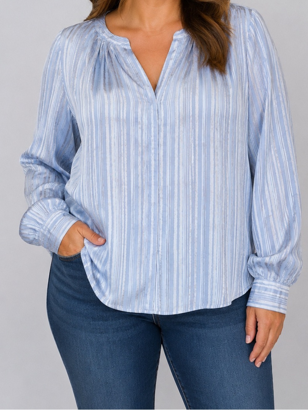 Chico’s | Light Blue Striped V-Neck Long Sleeve Blouse Metallic Thread | Size 16